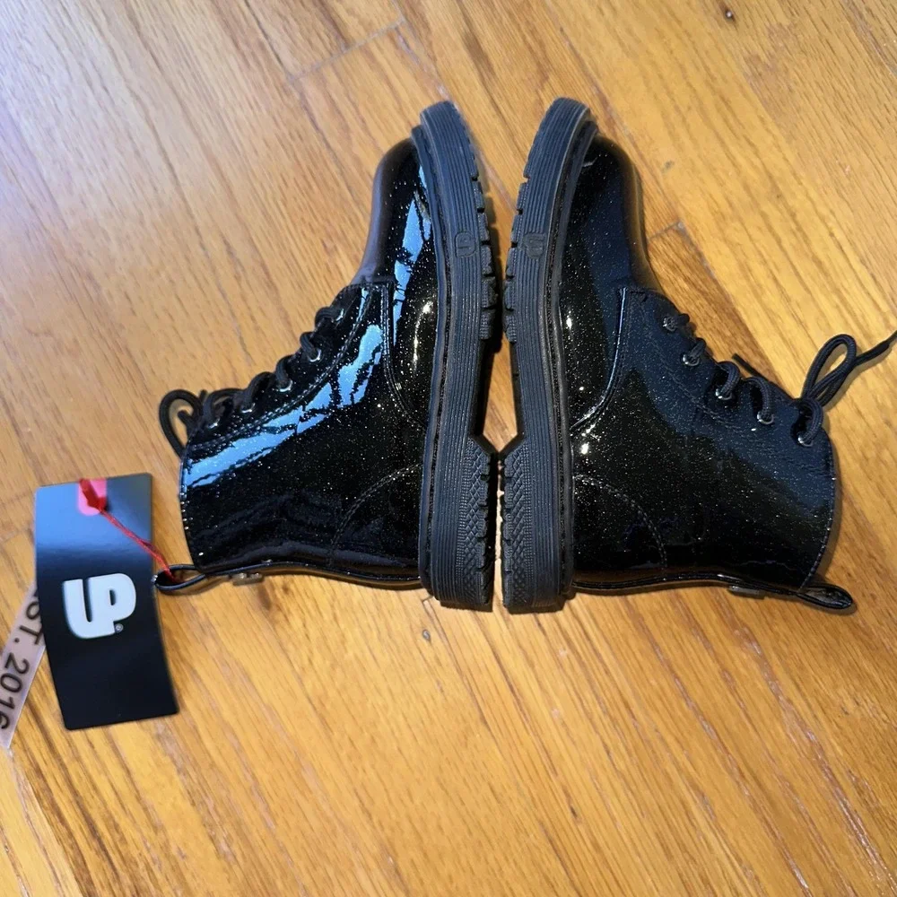 Ground Up Boots Girls 9 Black Glitter Patent Combat Lace Up Side Zip Ankle Youth